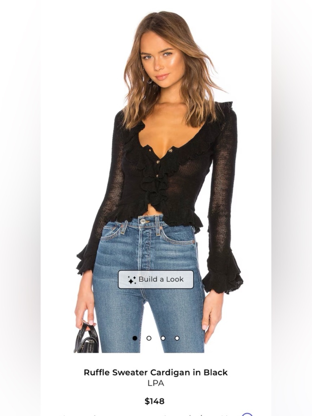 LPA Black Ruffled V-Neck Button-Front Knit Top